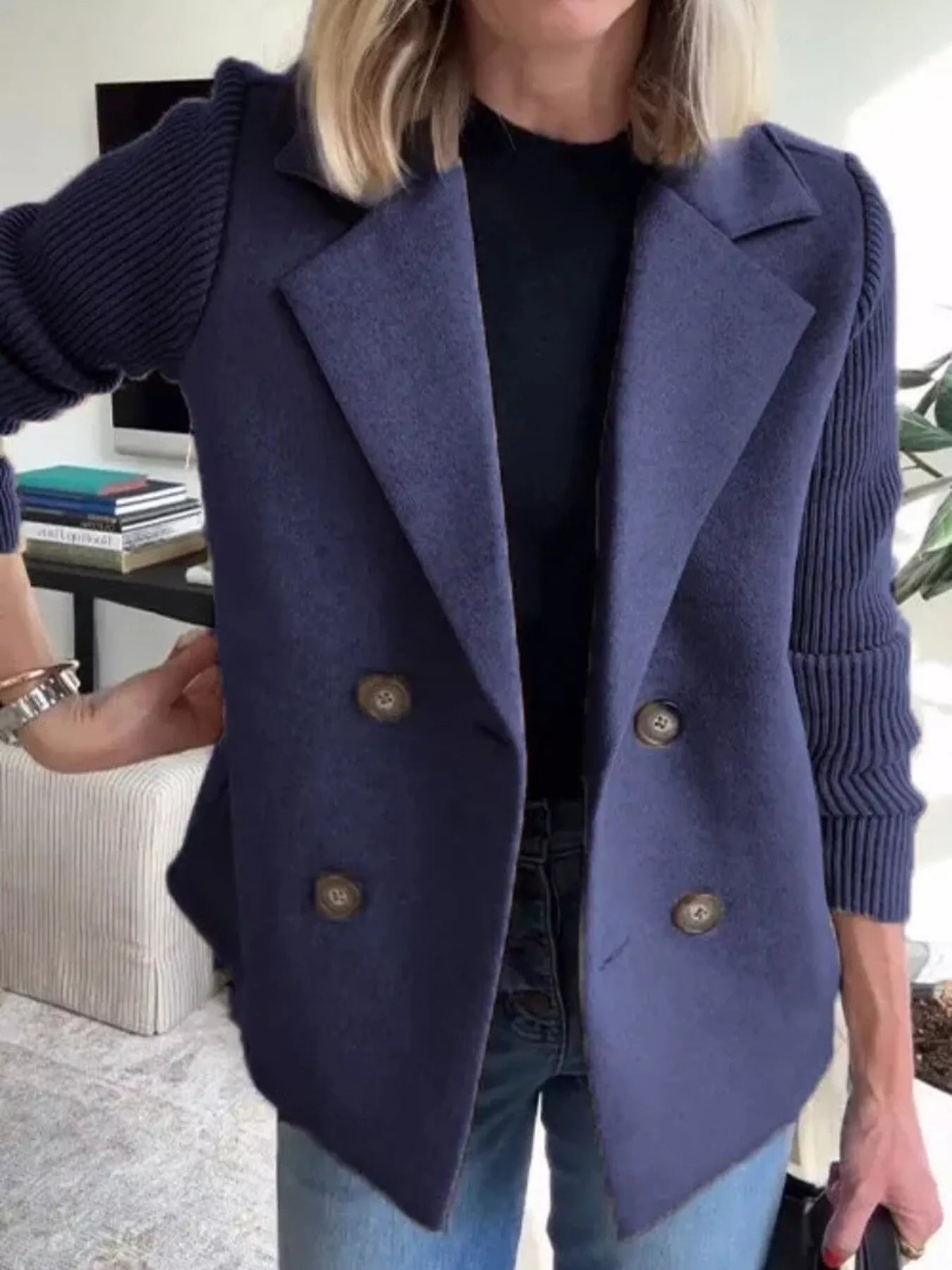 Full Size Knitted Sleeve Wool Blend Double-Breasted Blazer Plus Size