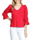 Apny - Knit V-neck 3/4 Puff Sleeve Blouse