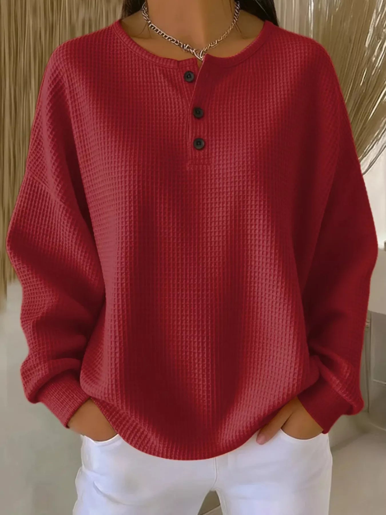 Full Size Waffle Knit Button Detail Top Plus Size