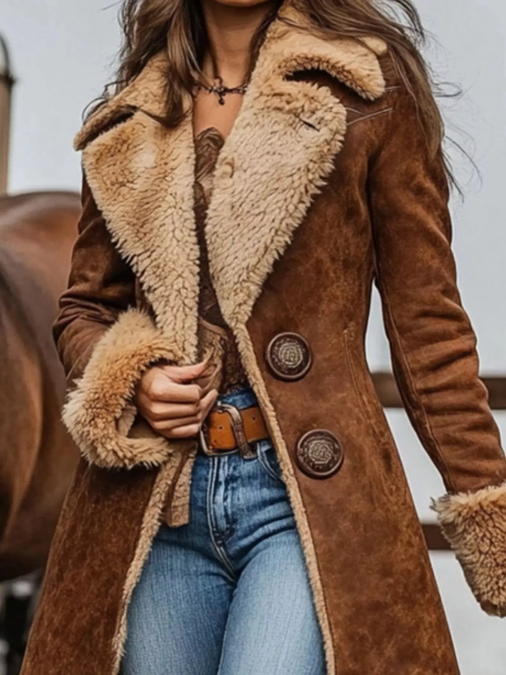 Full Size Vintage Faux Fur Trim Longline Coat Plus Size