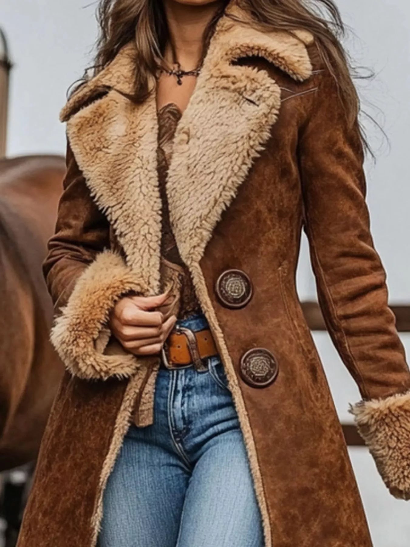 Full Size Vintage Faux Fur Trim Longline Coat Plus Size