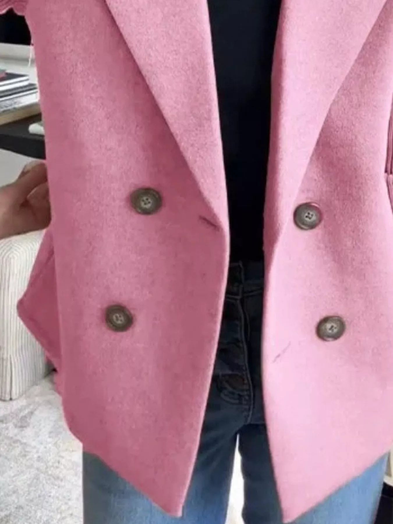 Full Size Knitted Sleeve Wool Blend Double-Breasted Blazer Plus Size