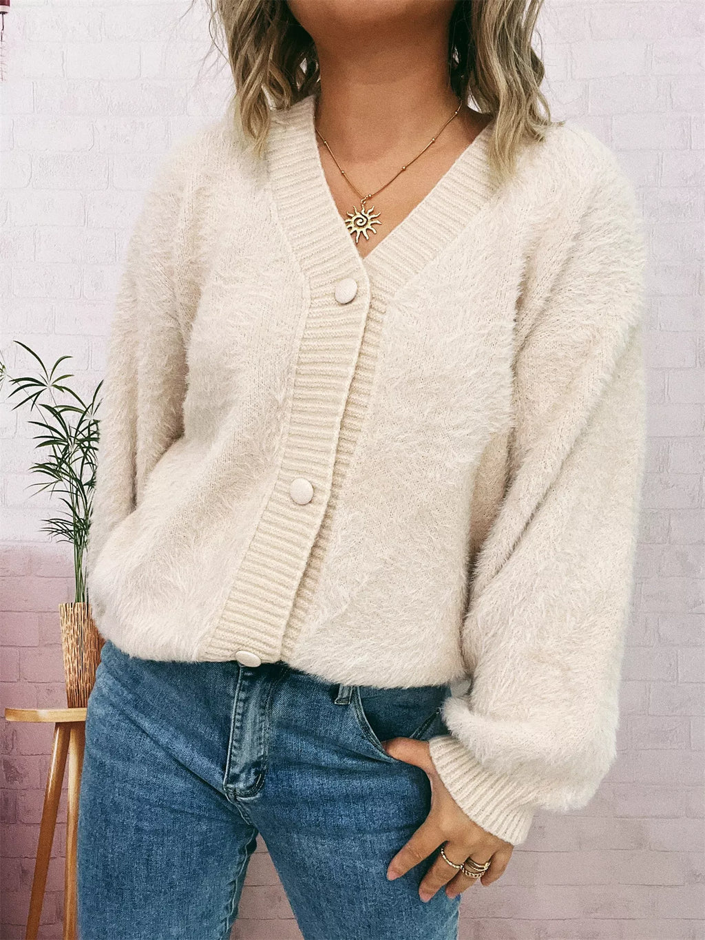 Fuzzy Button-Up Long Sleeve Cardigan