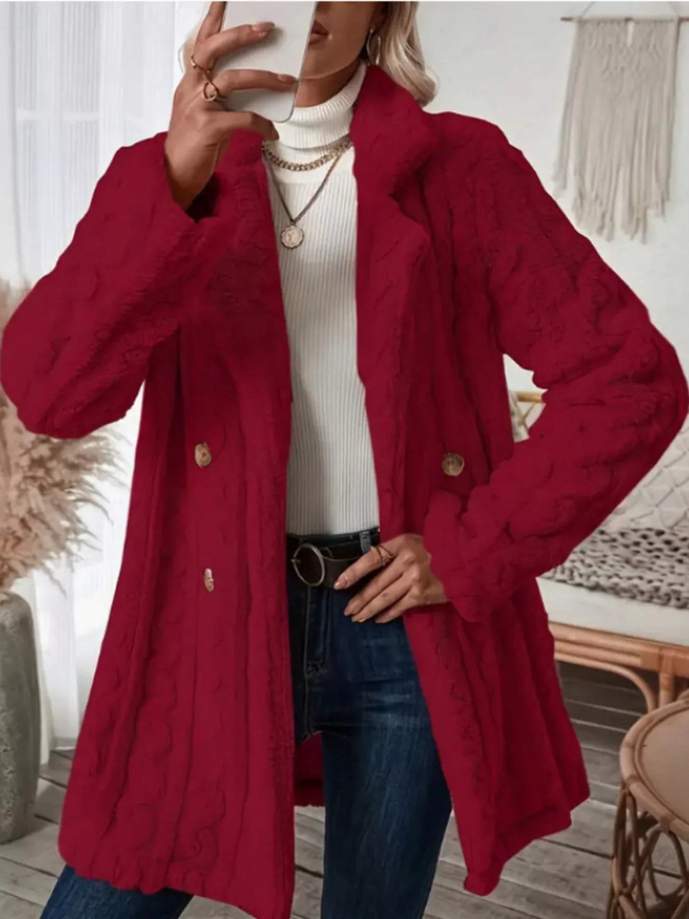 Cozy Faux Shearling Double-Breasted Outerwear