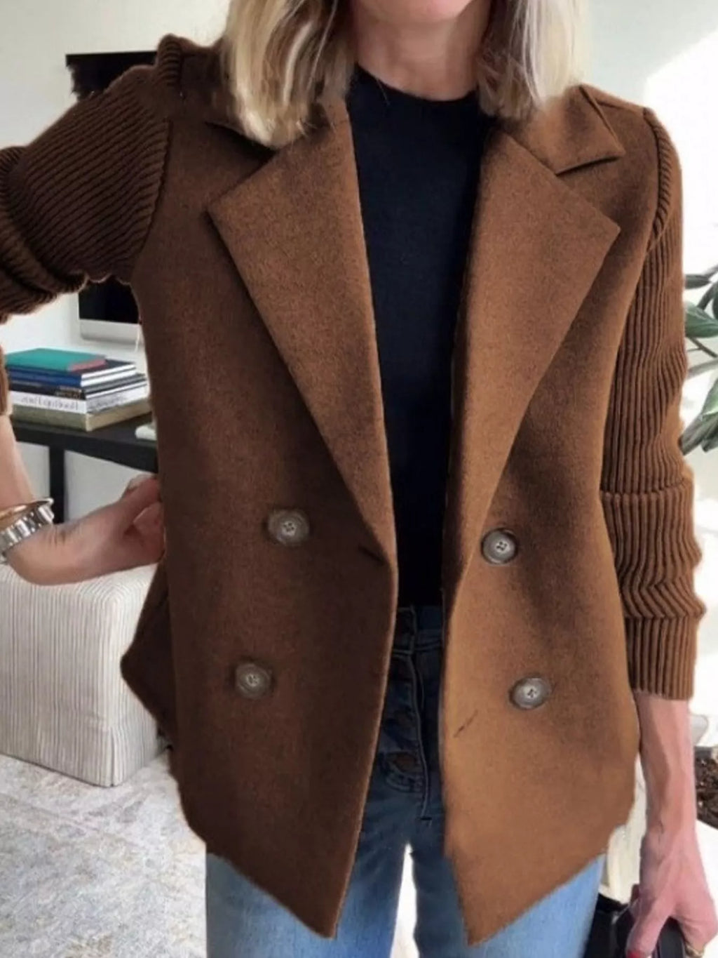 Full Size Knit Sleeve Double-Breasted Outerwear Plus Size