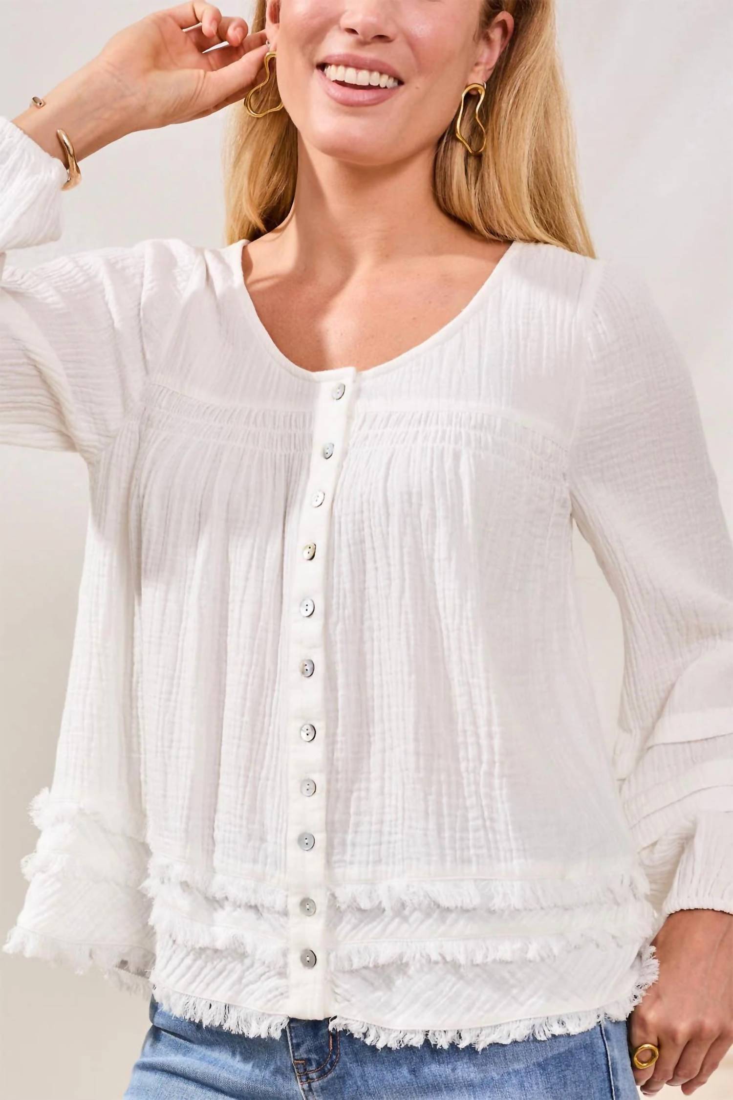 Tribal - Cotton Gauze Balloon Sleeve Boho Blouse