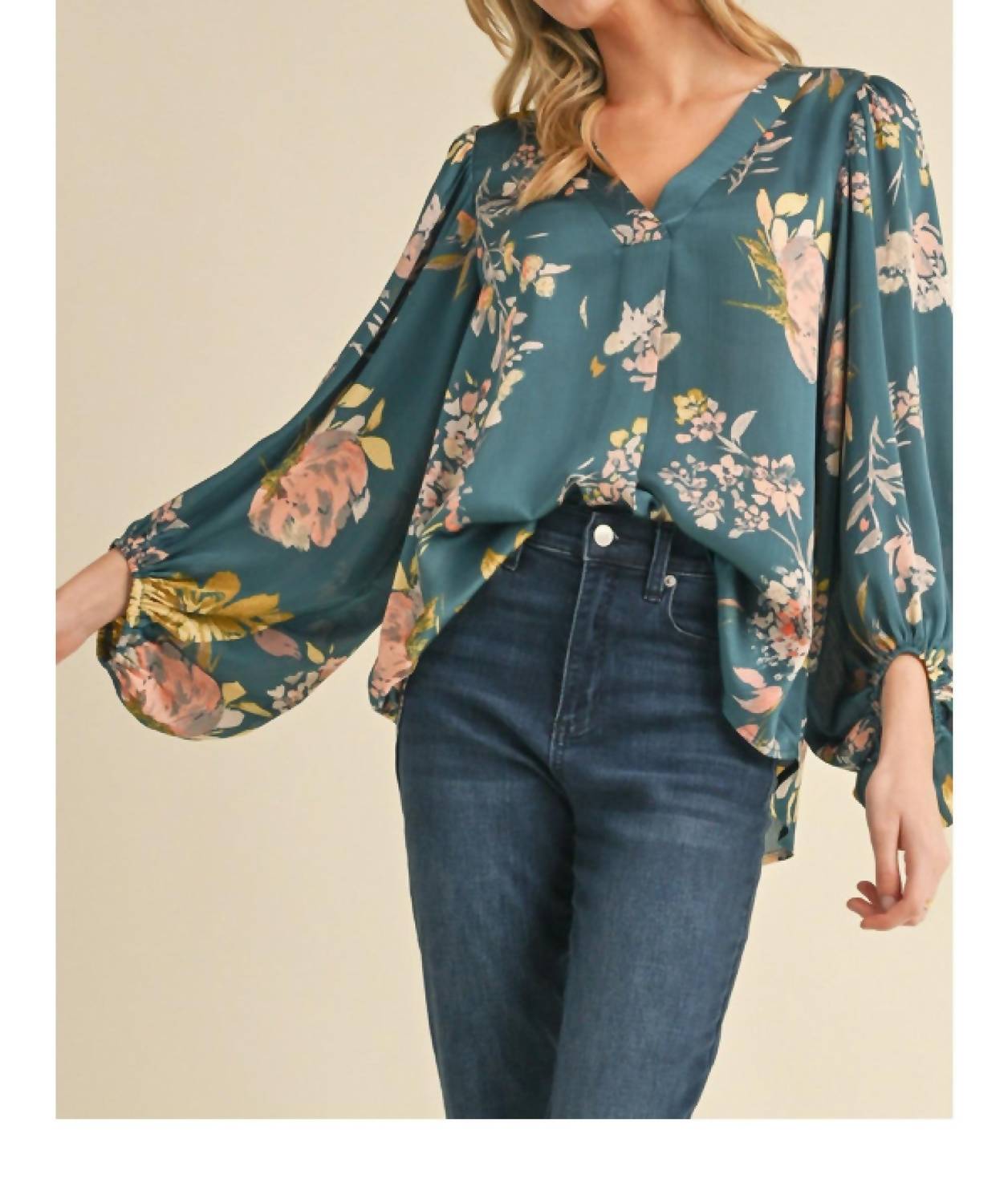 Jodifl - Satin Floral Print Blouse With Bubble Sleeves