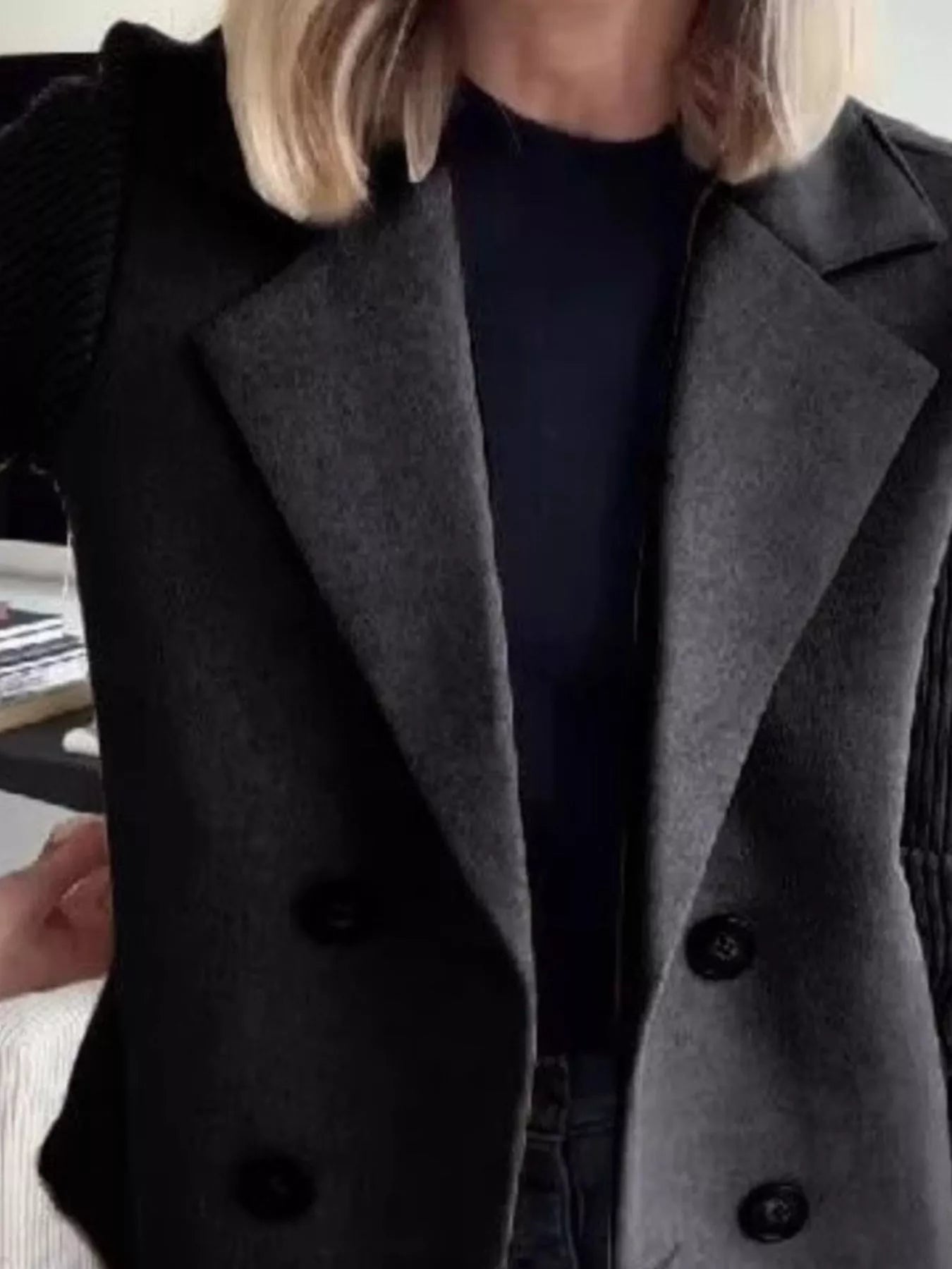 Full Size Knitted Sleeve Wool Blend Double-Breasted Blazer Plus Size