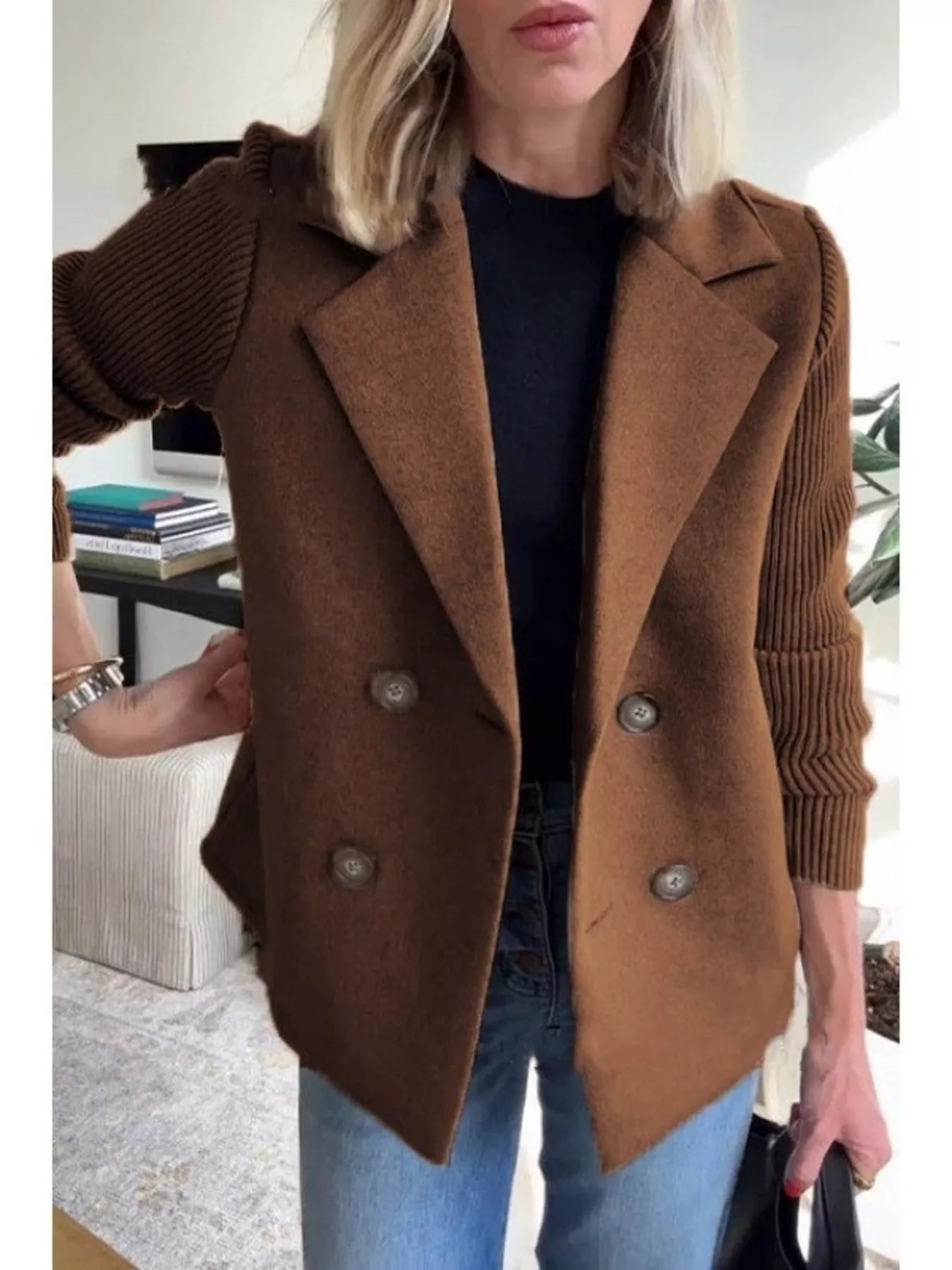 Full Size Knitted Sleeve Wool Blend Double-Breasted Blazer Plus Size