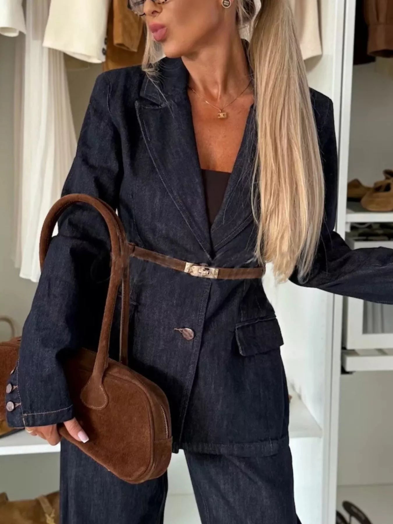 Single-Breasted Washed Denim Blazer