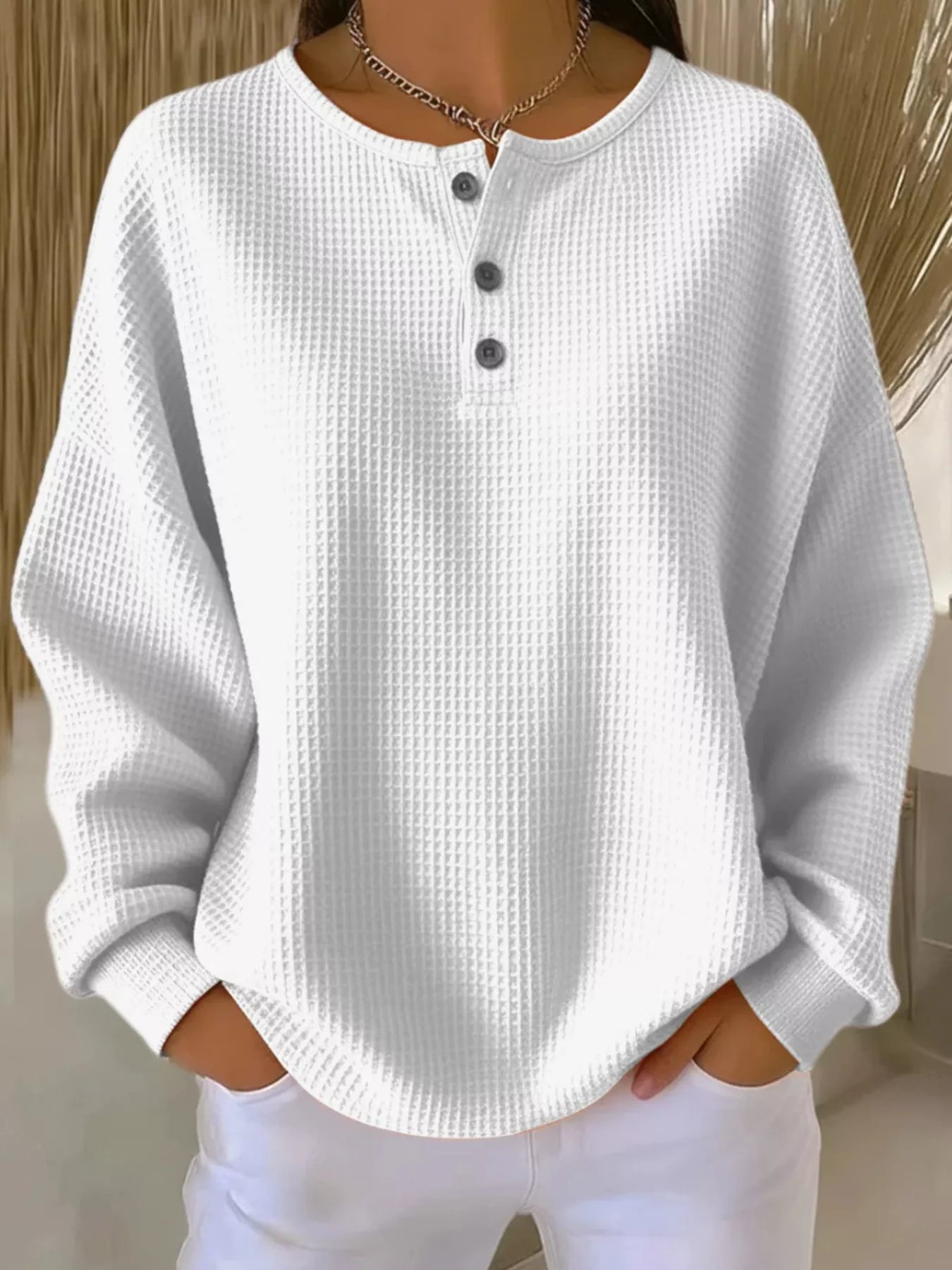Full Size Waffle Knit Button Detail Top Plus Size