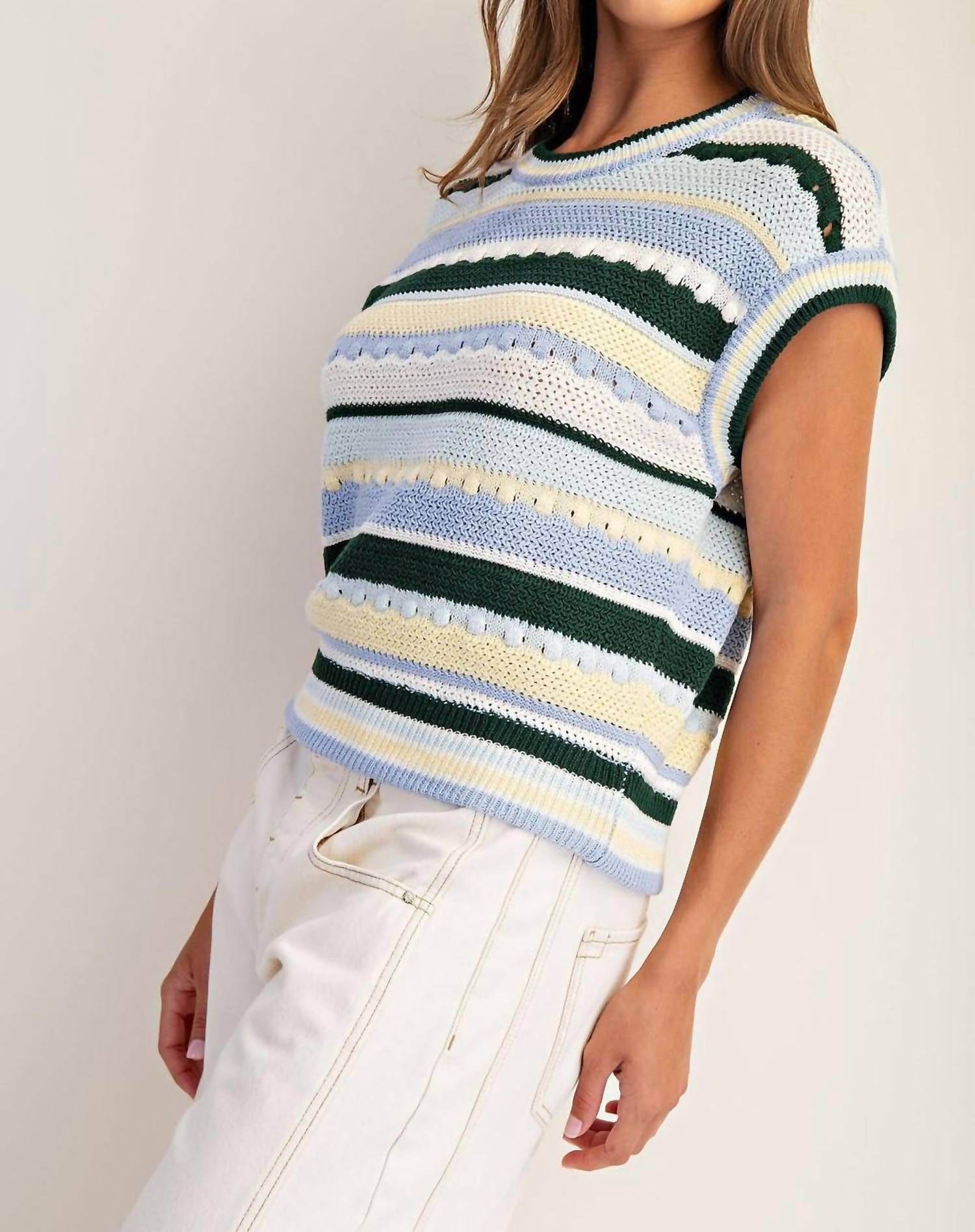 Ee:Some - Striped Round Neck Cap Sleeve Sweater Top