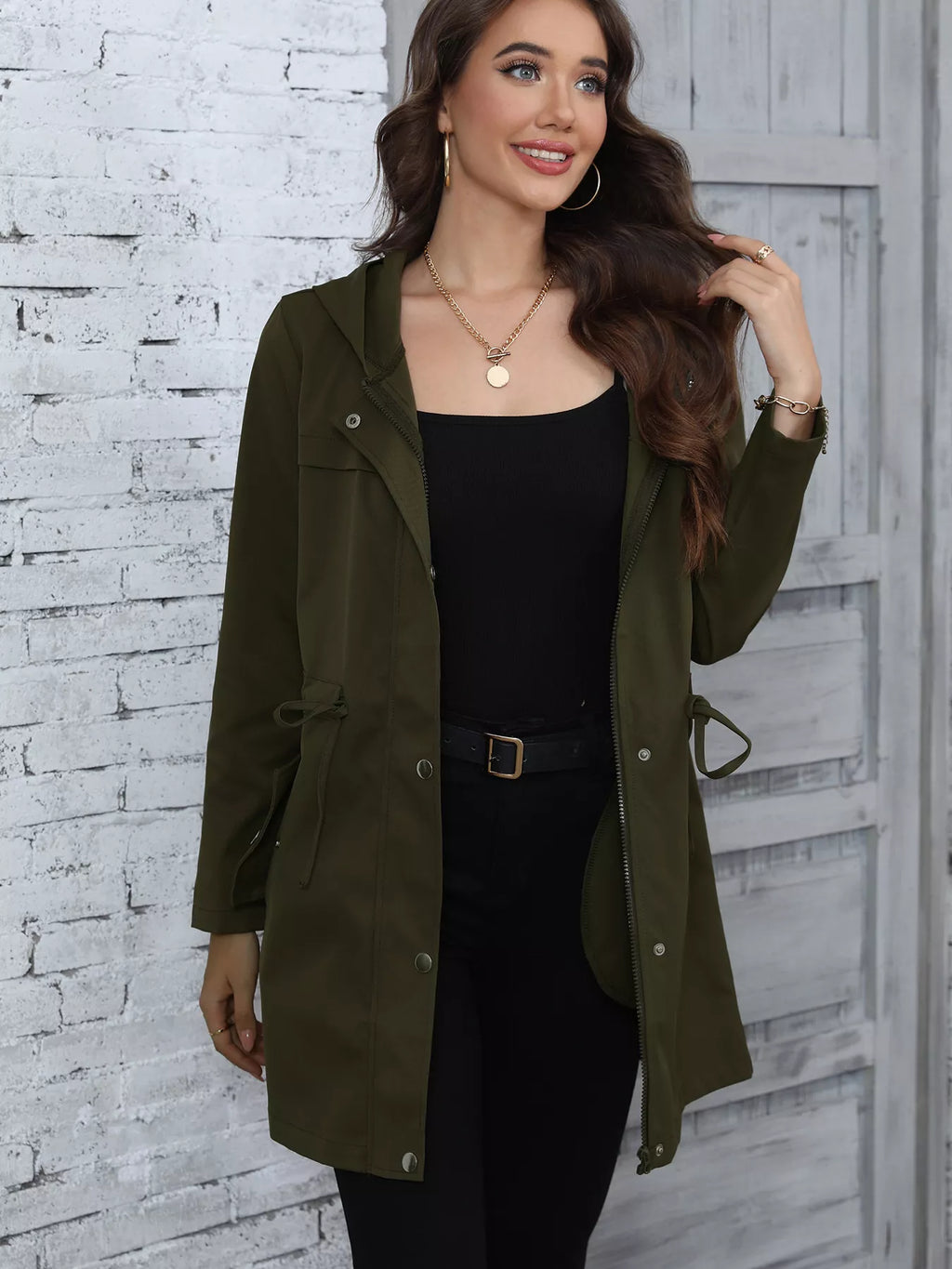 Hooded Drawstring Waist Casual Outerwear