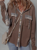 Plaid Patchwork Button Down Drawstring Hooded Shacket