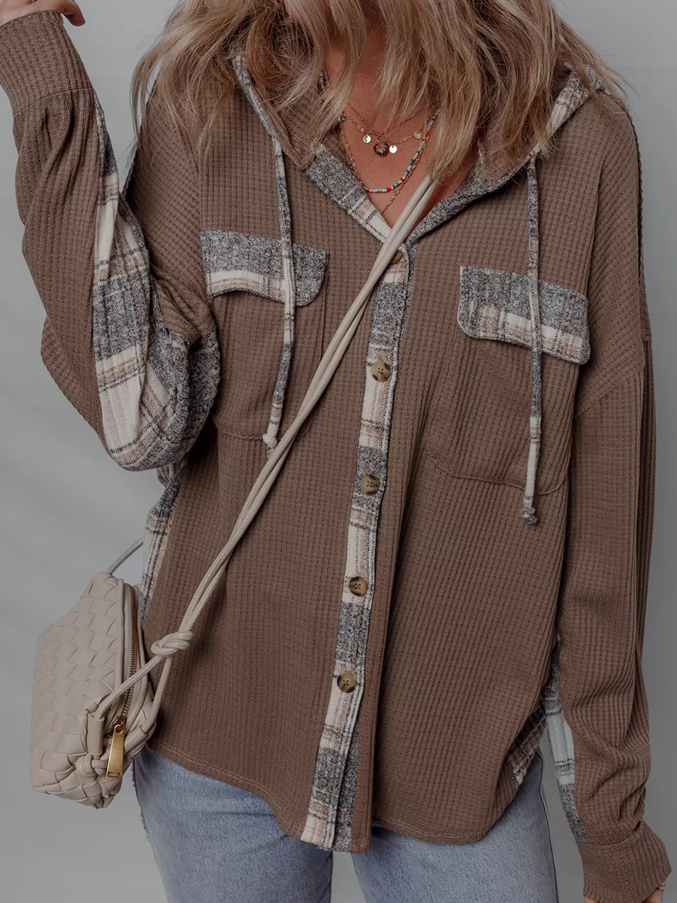 Plaid Patchwork Button Down Drawstring Hooded Shacket