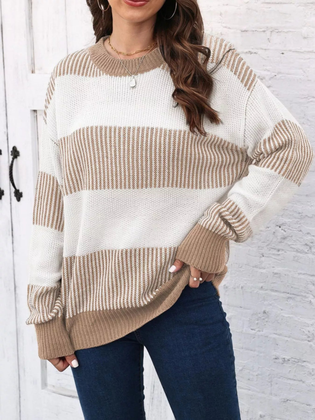 Full Size Color Block Dropped Shoulder Sweater Plus Size