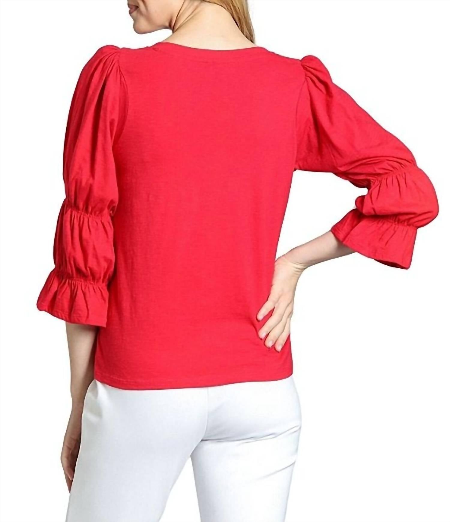 Apny - Knit V-neck 3/4 Puff Sleeve Blouse