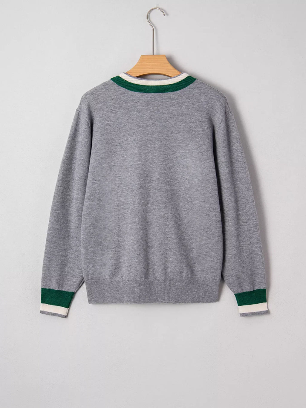 Contrast Striped Trim V Neck Varsity Sweater