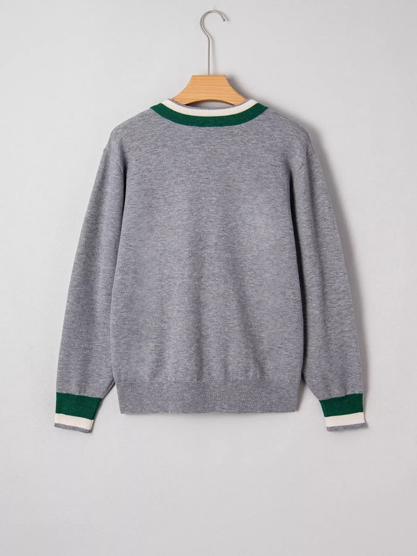 Contrast Striped Trim V Neck Varsity Sweater