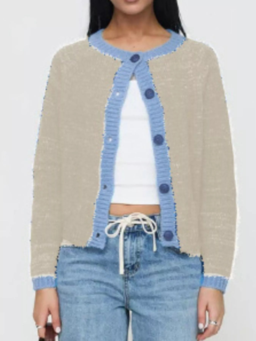Contrast Trim Button-Up Cardigan