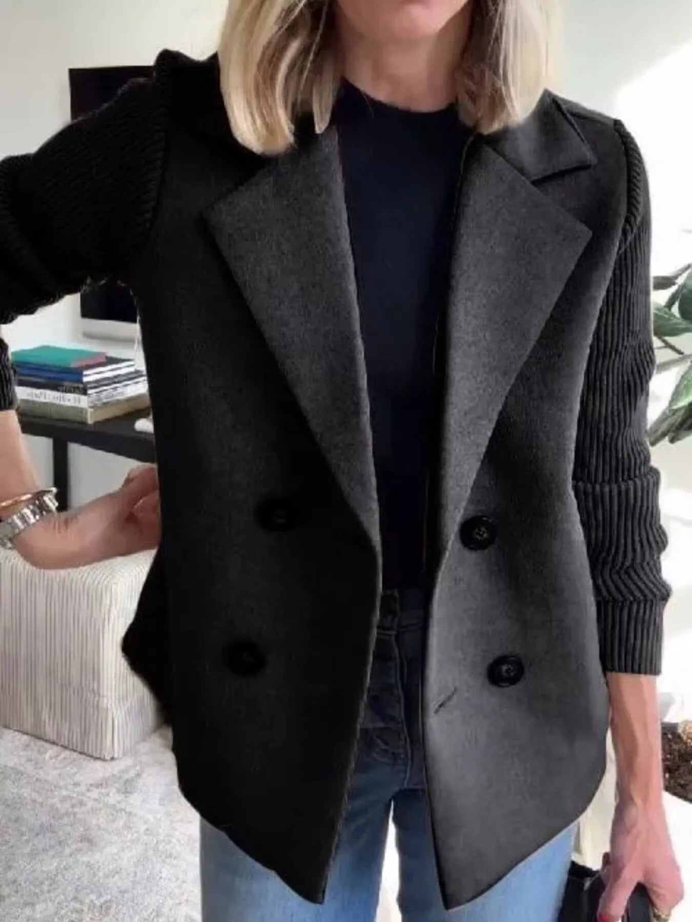 Full Size Knitted Sleeve Wool Blend Double-Breasted Blazer Plus Size