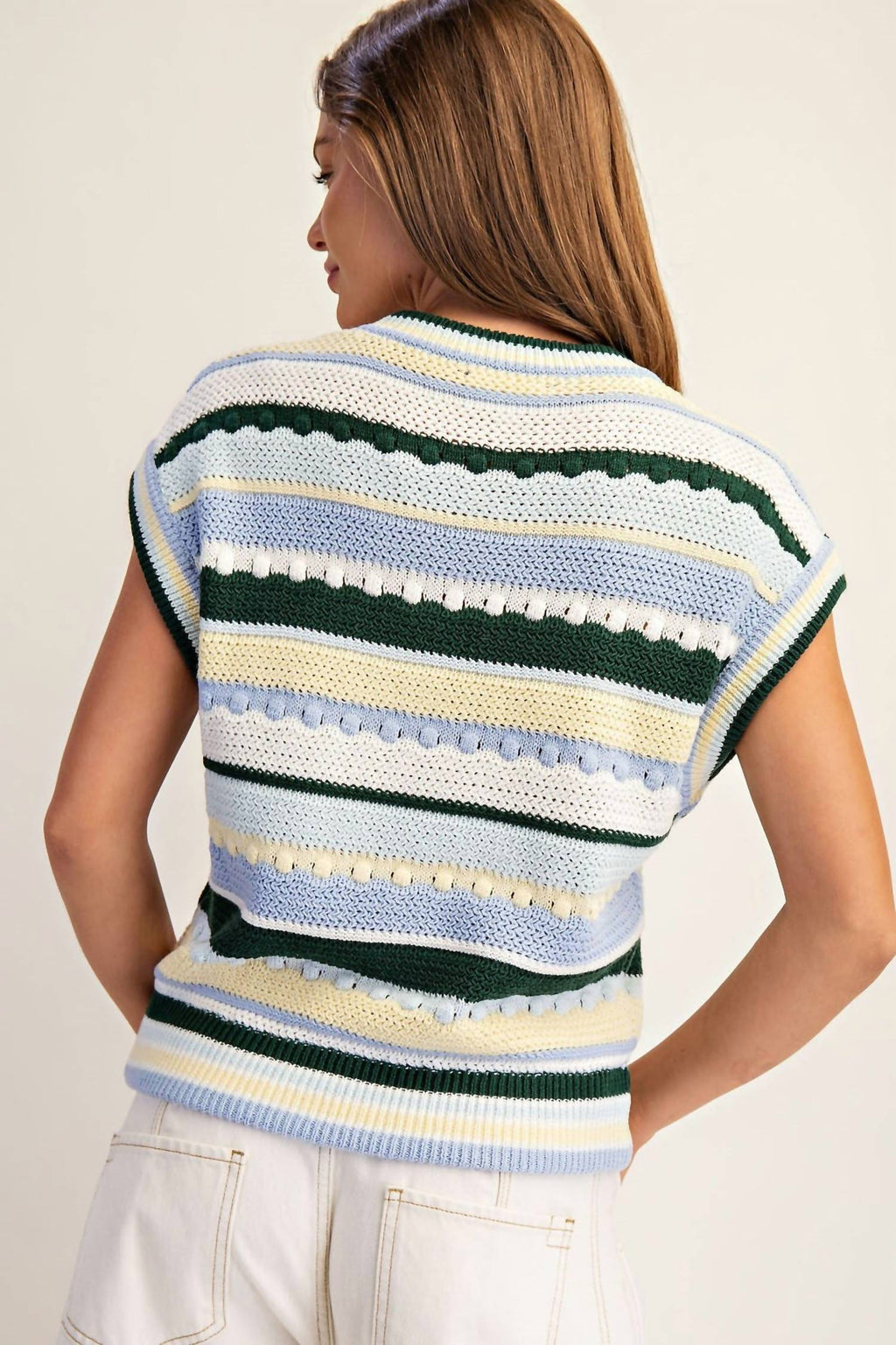 Ee:Some - Striped Round Neck Cap Sleeve Sweater Top