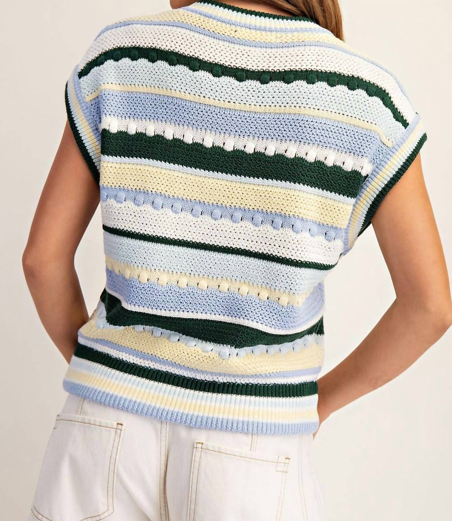 Ee:Some - Striped Round Neck Cap Sleeve Sweater Top