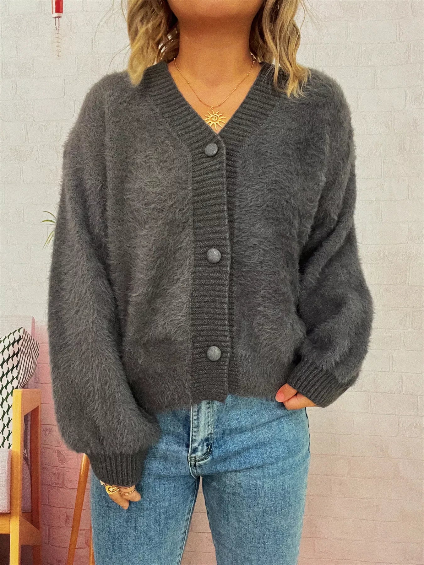Fuzzy Button-Up Long Sleeve Cardigan