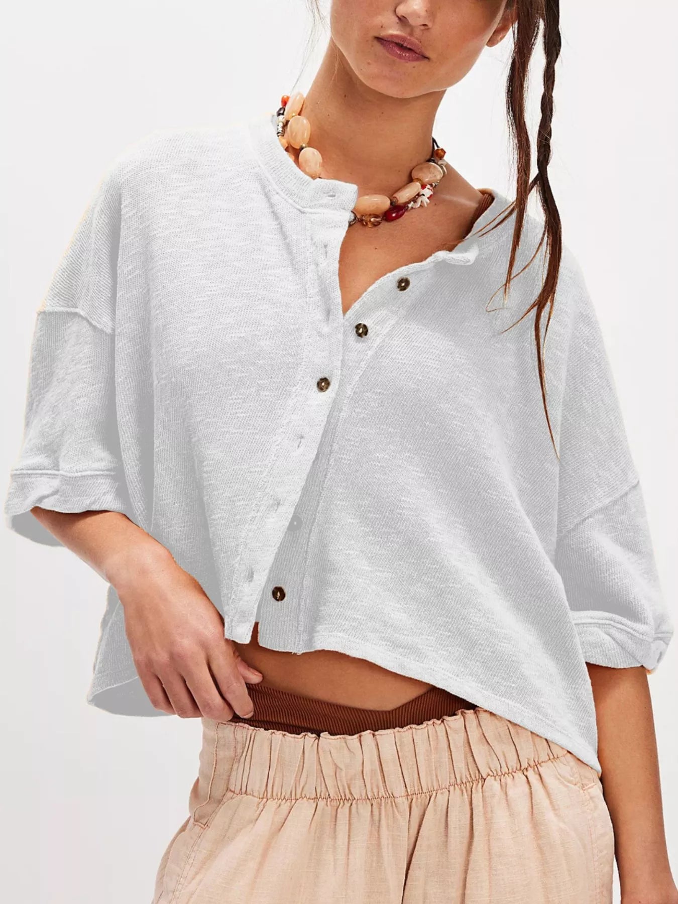 Button-Front Half Sleeve Cardigan