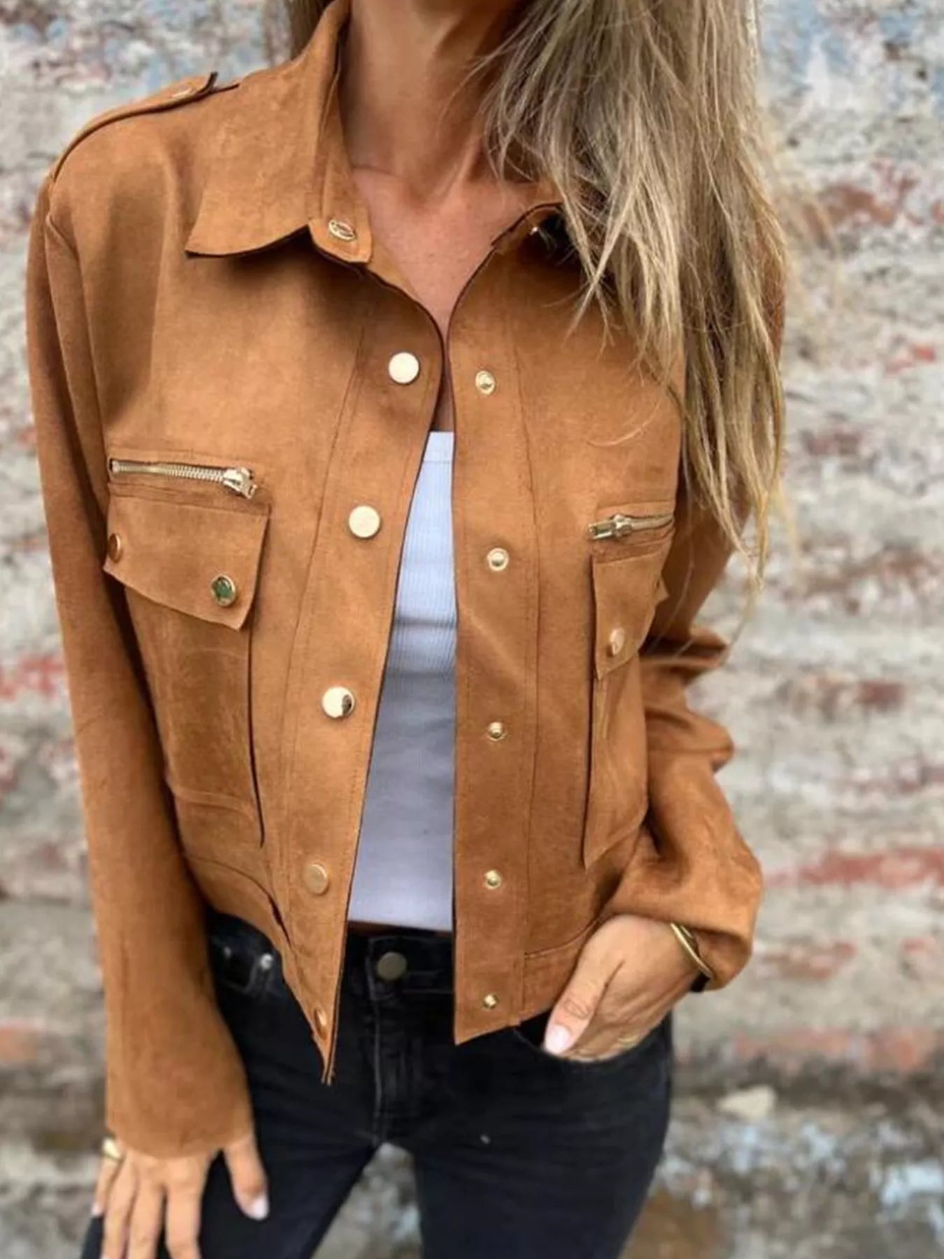 Full Size Snap Down Long Sleeve Jacket Plus Size