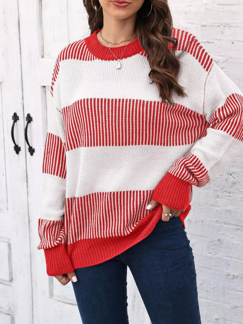 Full Size Color Block Dropped Shoulder Sweater Plus Size