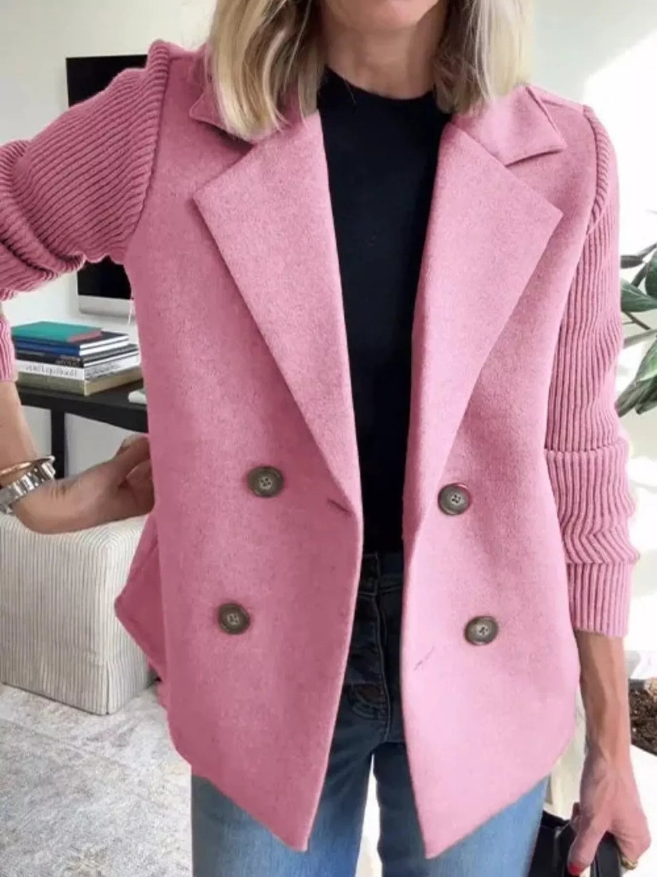 Full Size Knitted Sleeve Wool Blend Double-Breasted Blazer Plus Size