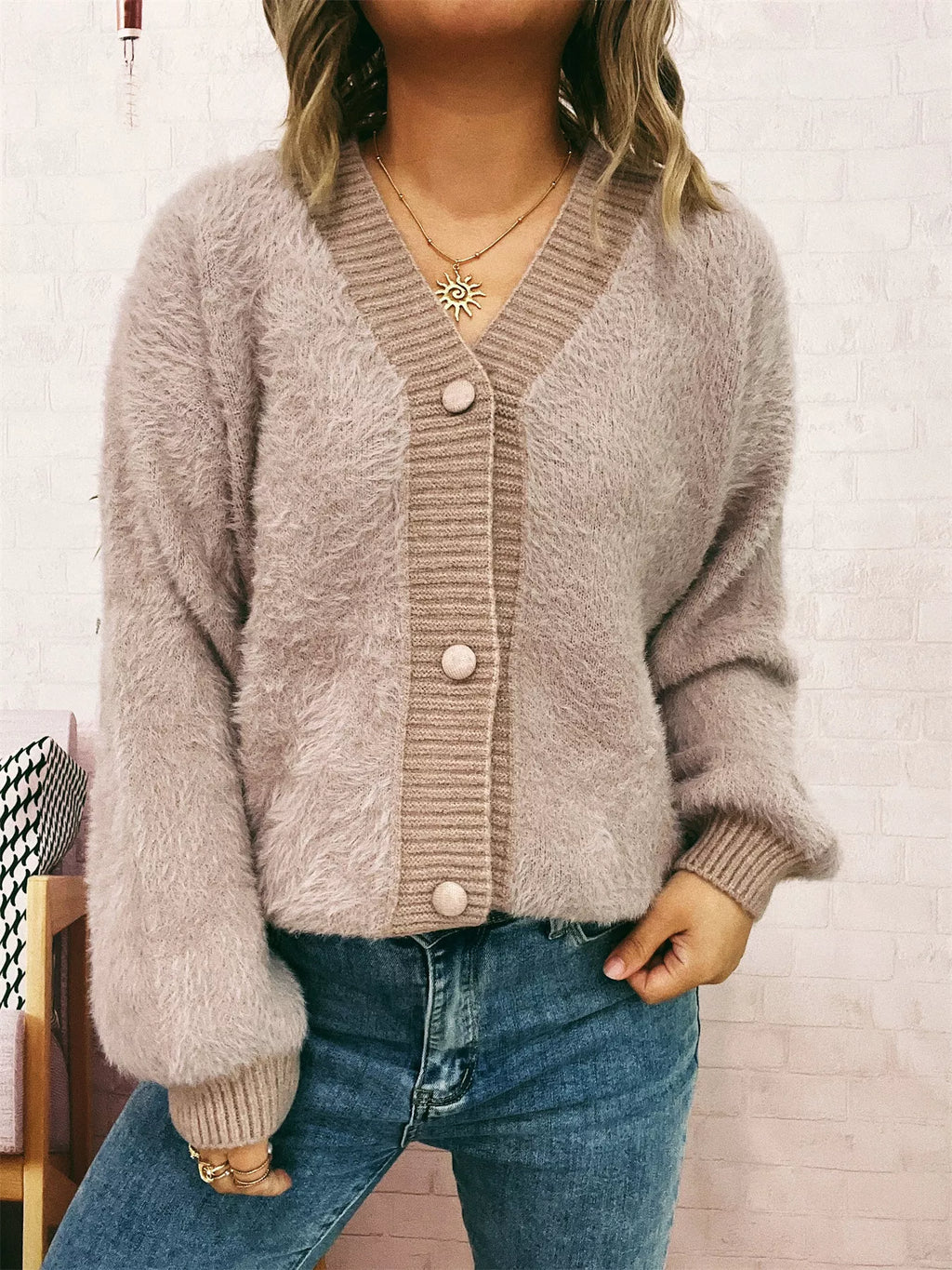 Fuzzy Button-Up Long Sleeve Cardigan