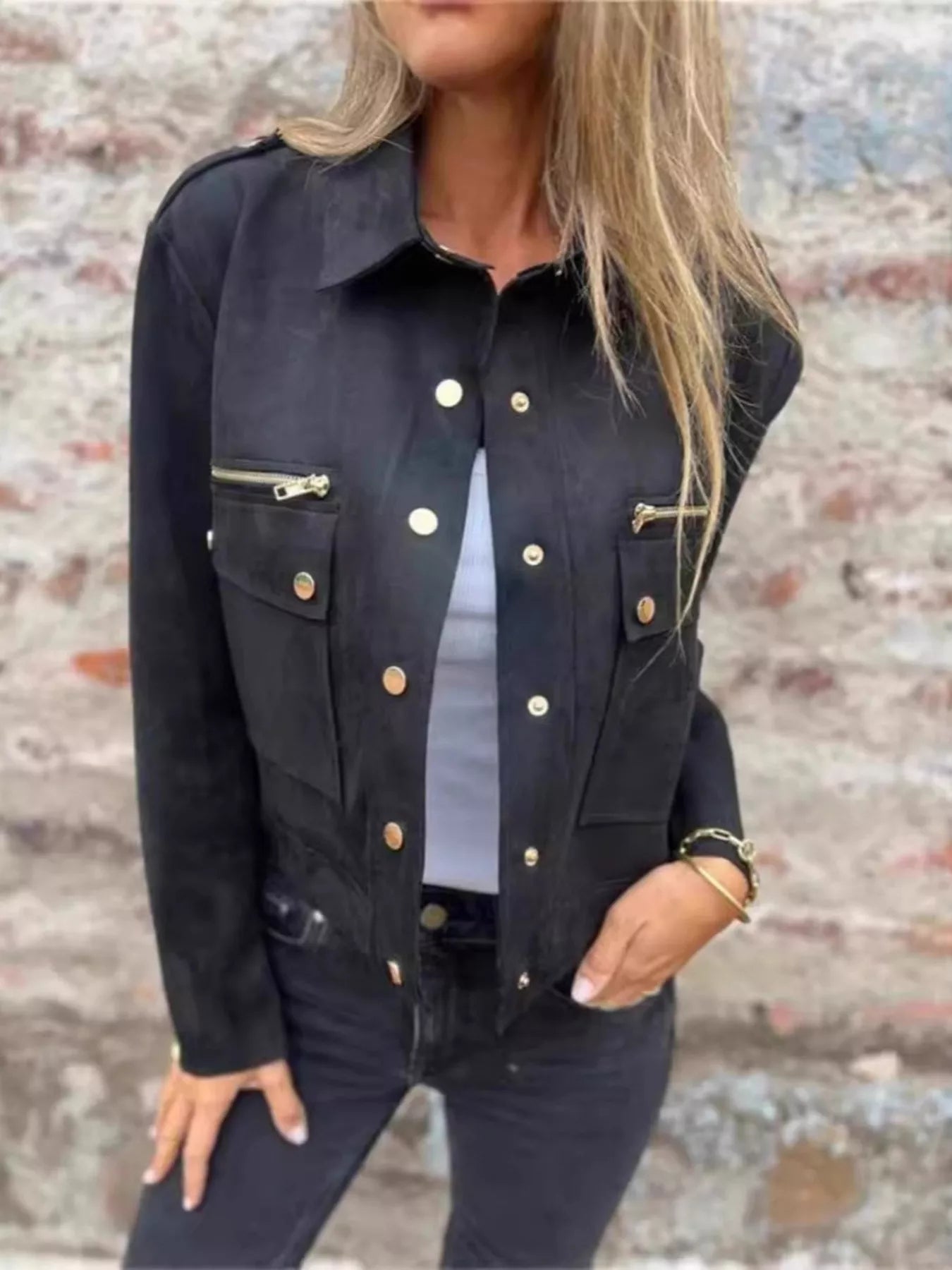 Full Size Snap Down Long Sleeve Jacket Plus Size