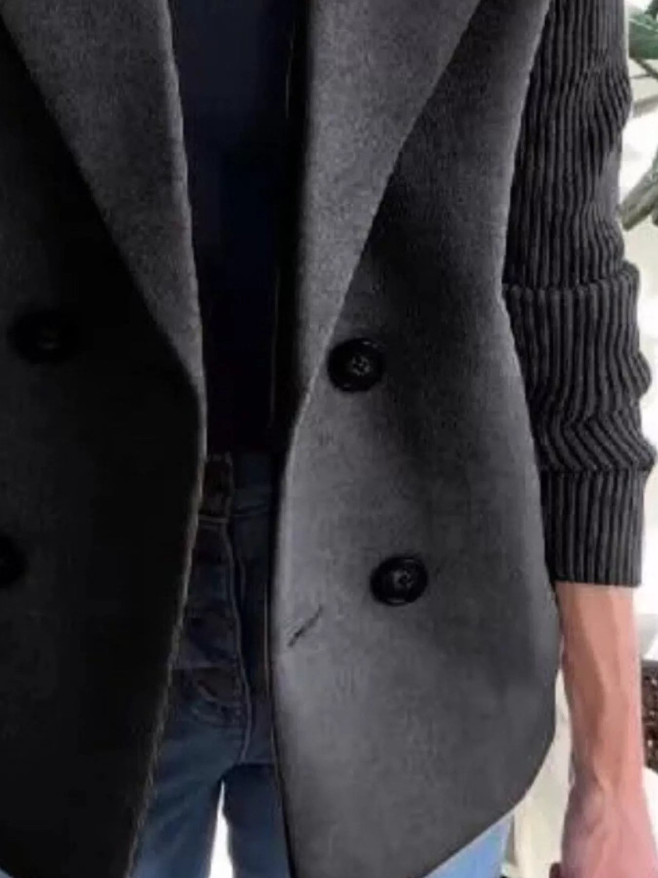 Full Size Knitted Sleeve Wool Blend Double-Breasted Blazer Plus Size