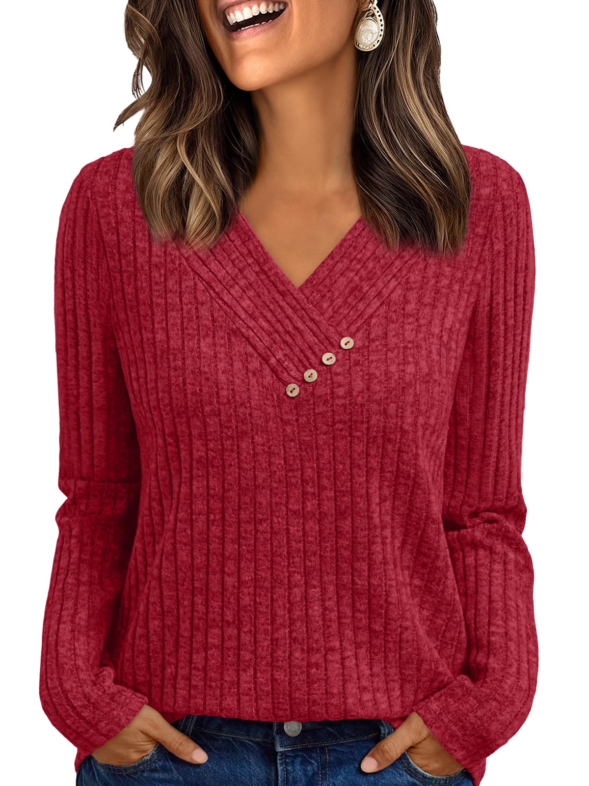 Women's Long Sleeve V Neck Tunic Tops - Dressy Casual Work Blouse Sweater