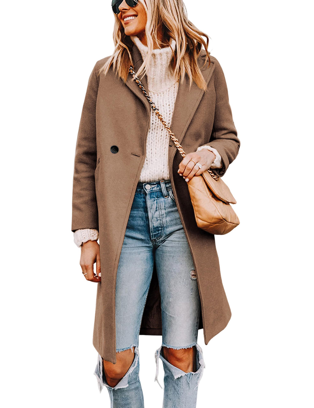 Wool Blend Pea Coat - Double Breasted Mid Length Trench Coat for Women