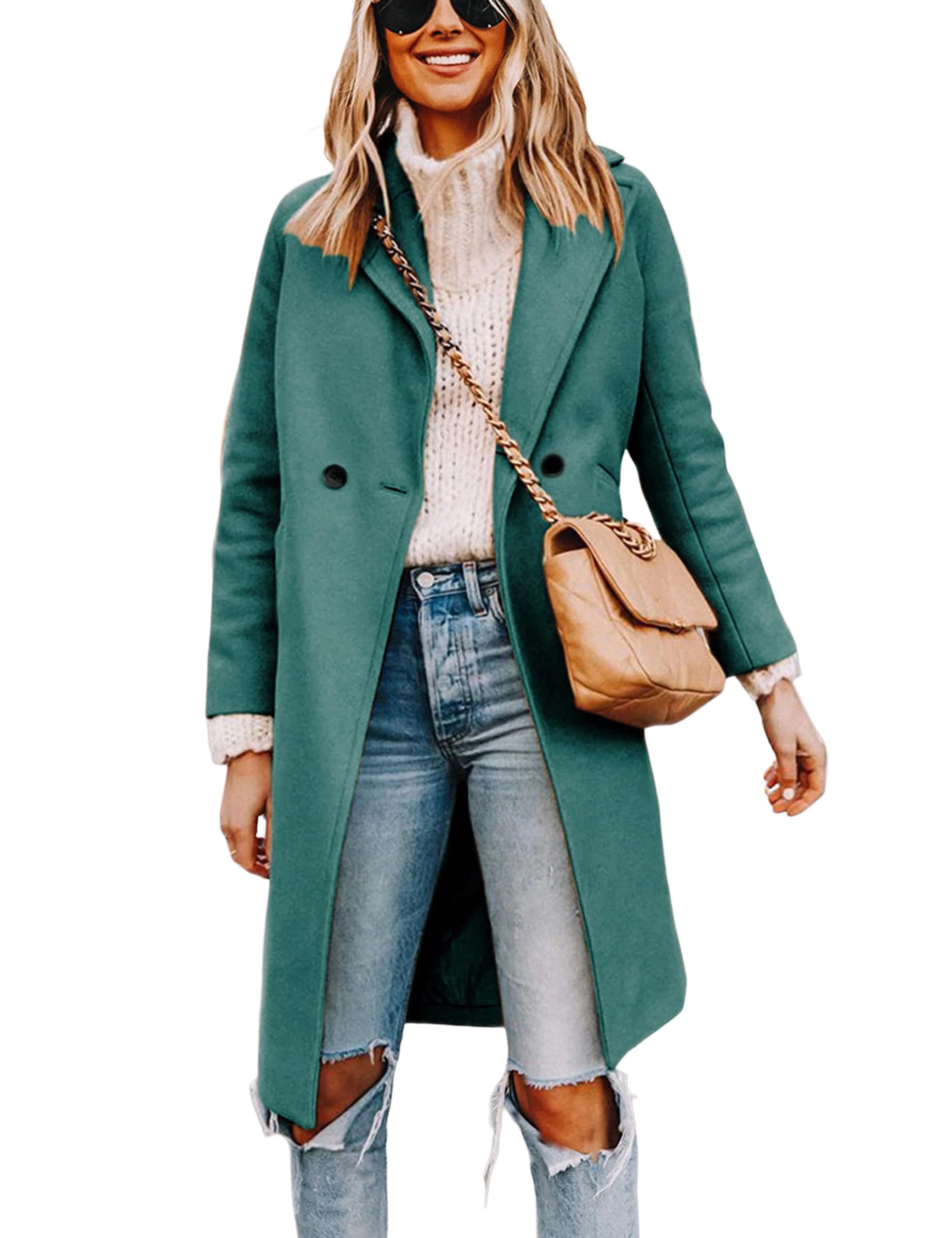 Wool Blend Pea Coat - Double Breasted Mid Length Trench Coat for Women