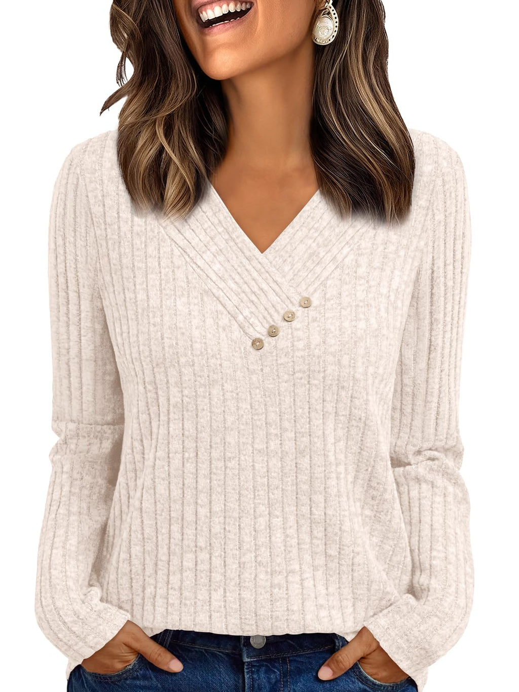 Women's Long Sleeve V Neck Tunic Tops - Dressy Casual Work Blouse Sweater