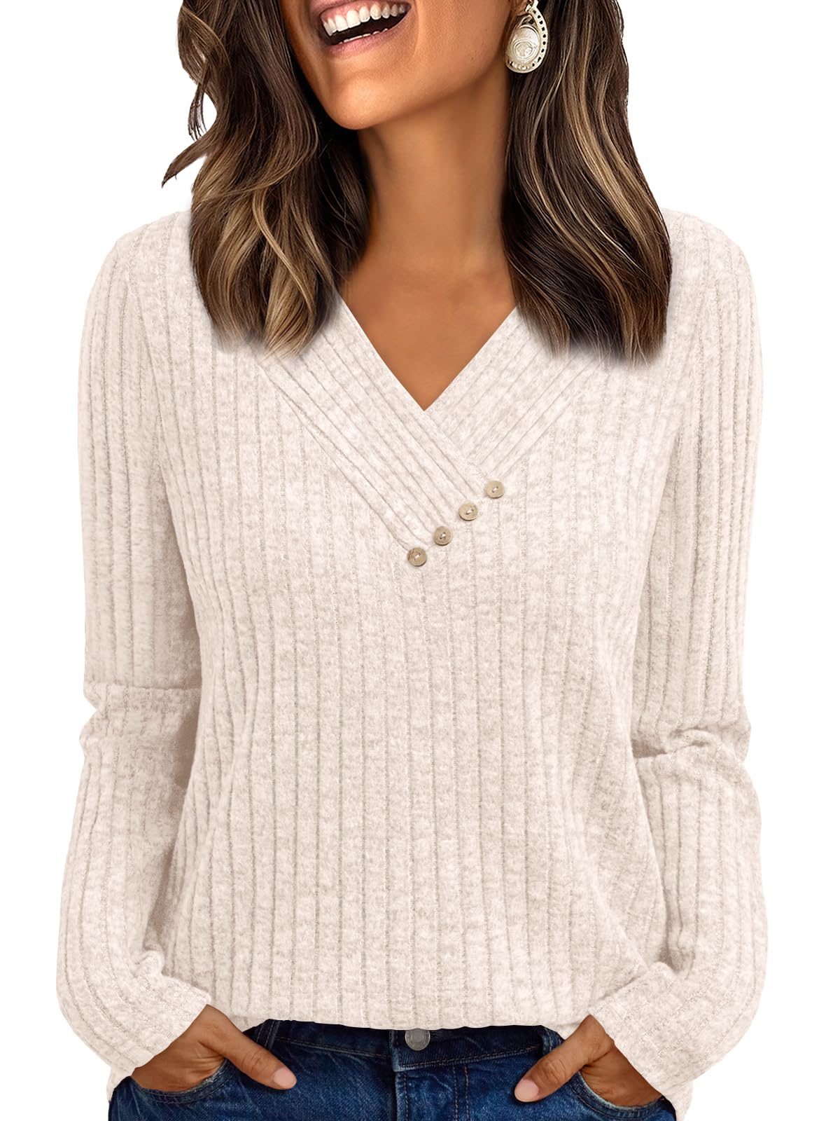 Women's Long Sleeve V Neck Tunic Tops - Dressy Casual Work Blouse Sweater