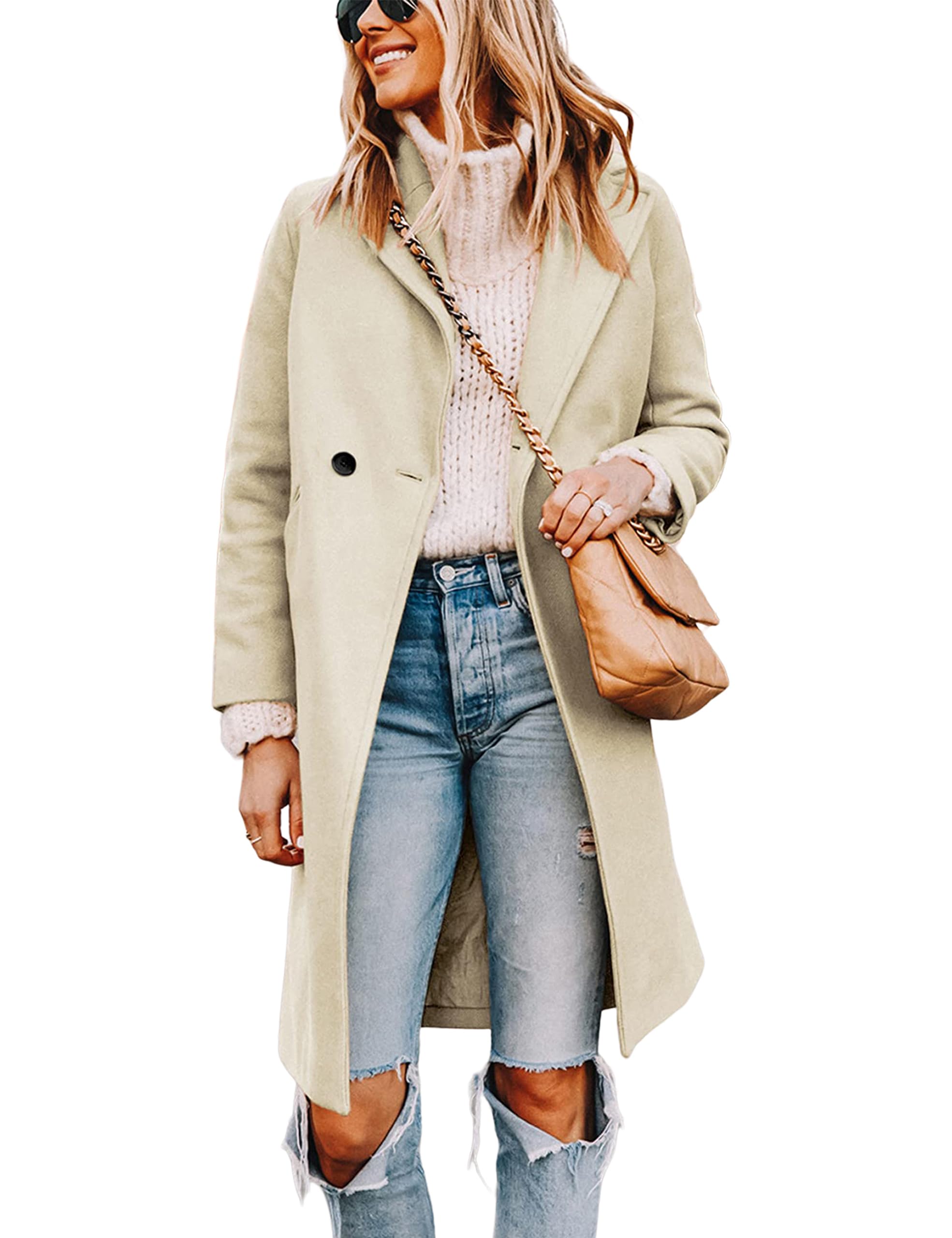 Wool Blend Pea Coat - Double Breasted Mid Length Trench Coat for Women