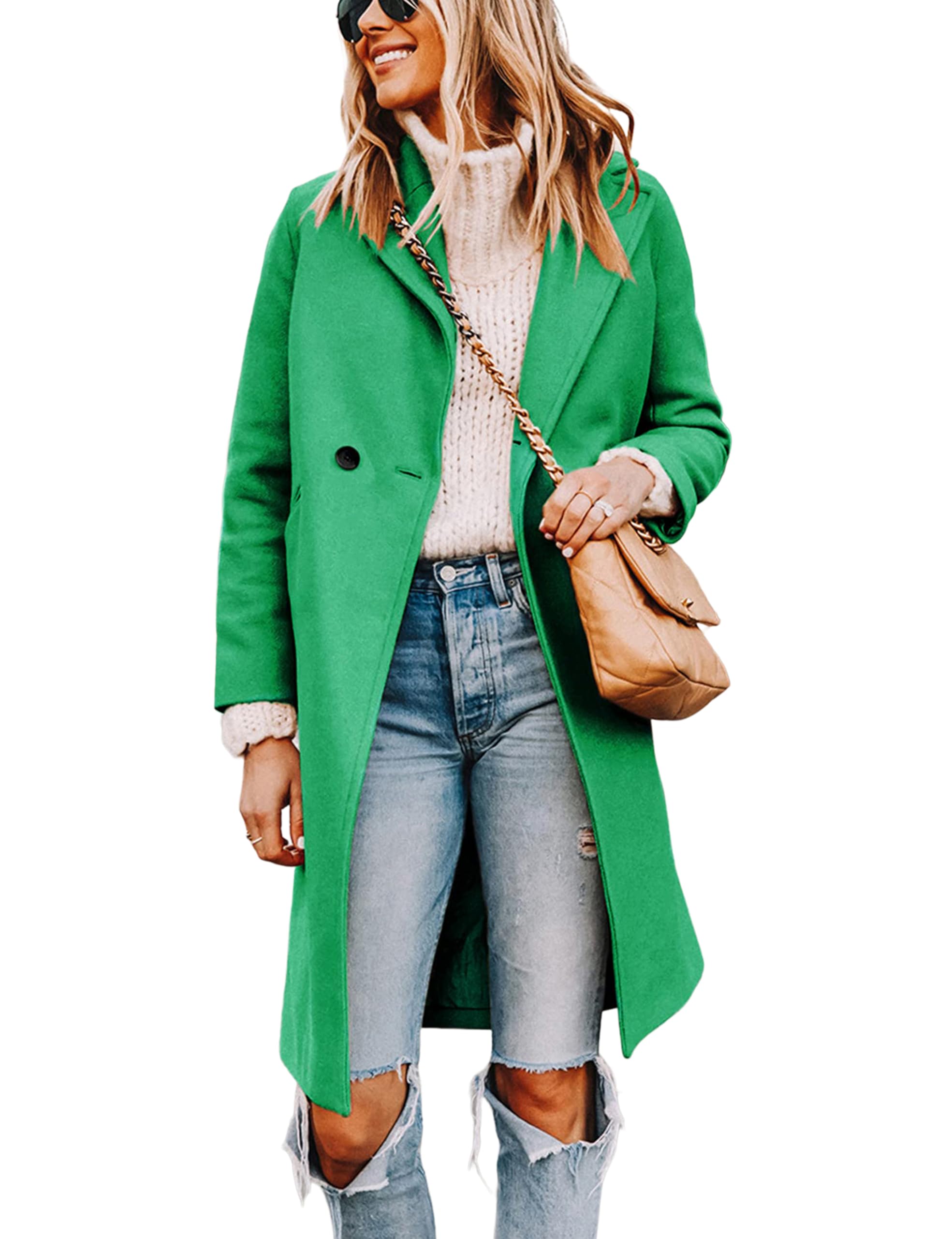 Wool Blend Pea Coat - Double Breasted Mid Length Trench Coat for Women