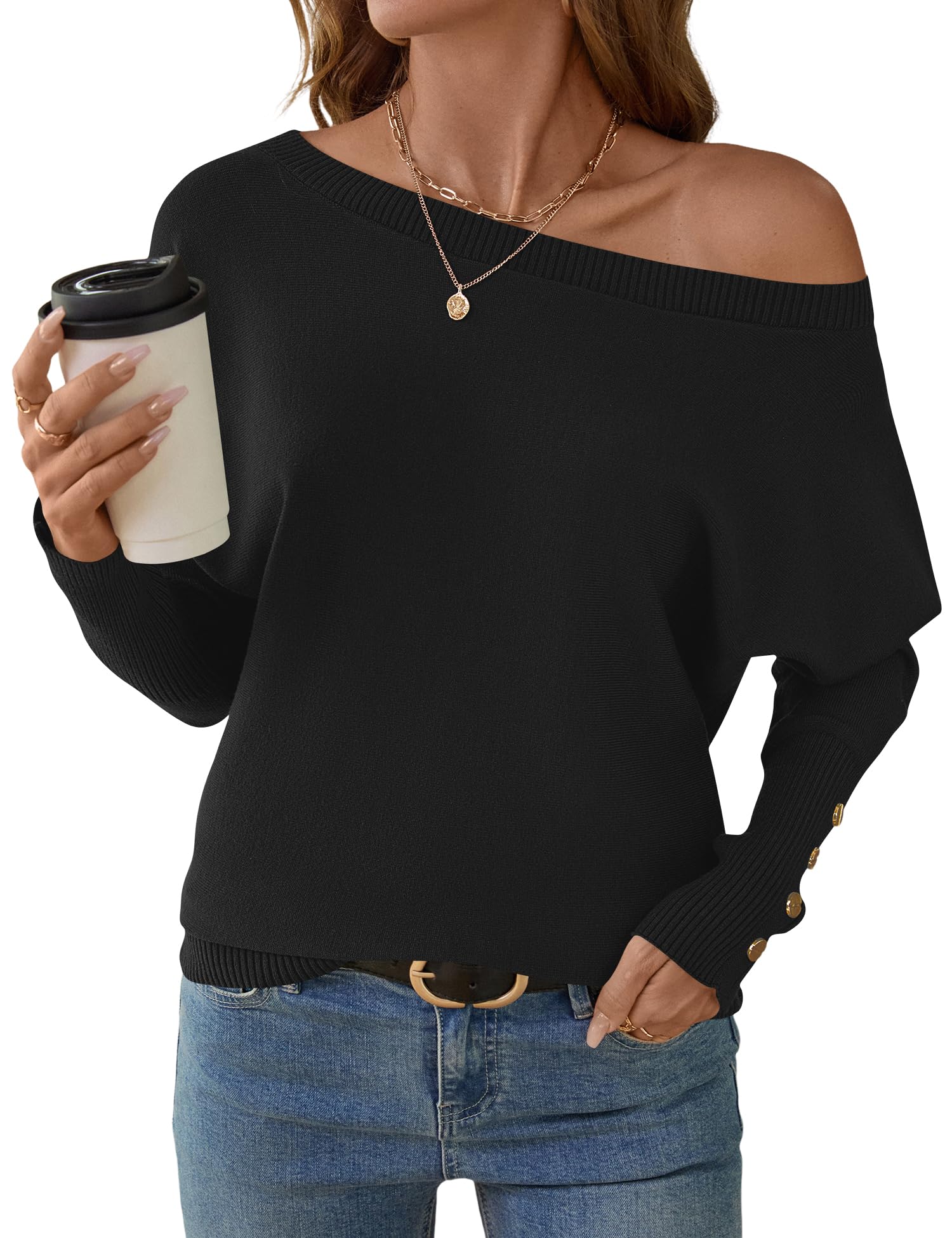 Women's Off The Shoulder Sweater - Oversized Knit Batwing Sleeve Pullover