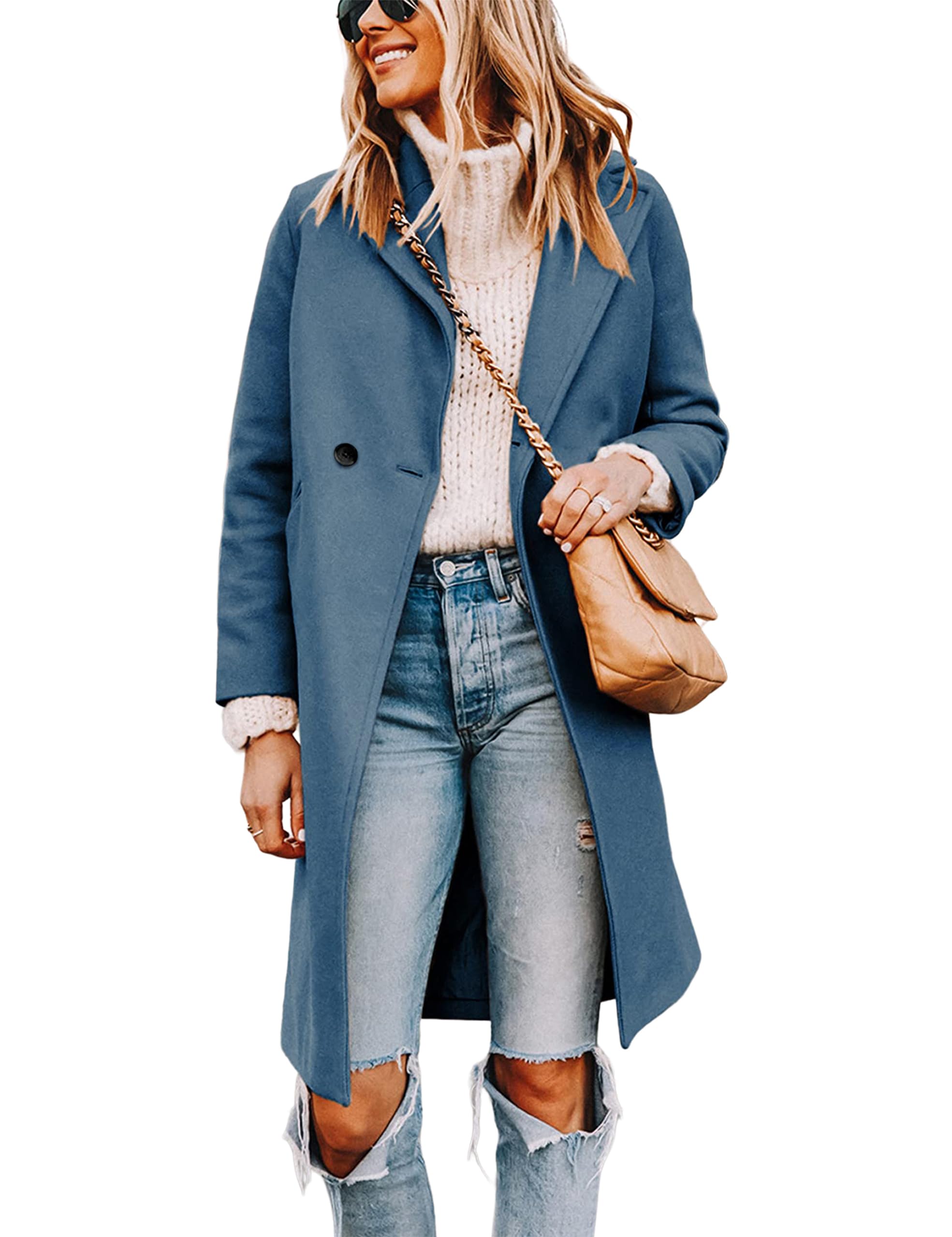 Wool Blend Pea Coat - Double Breasted Mid Length Trench Coat for Women
