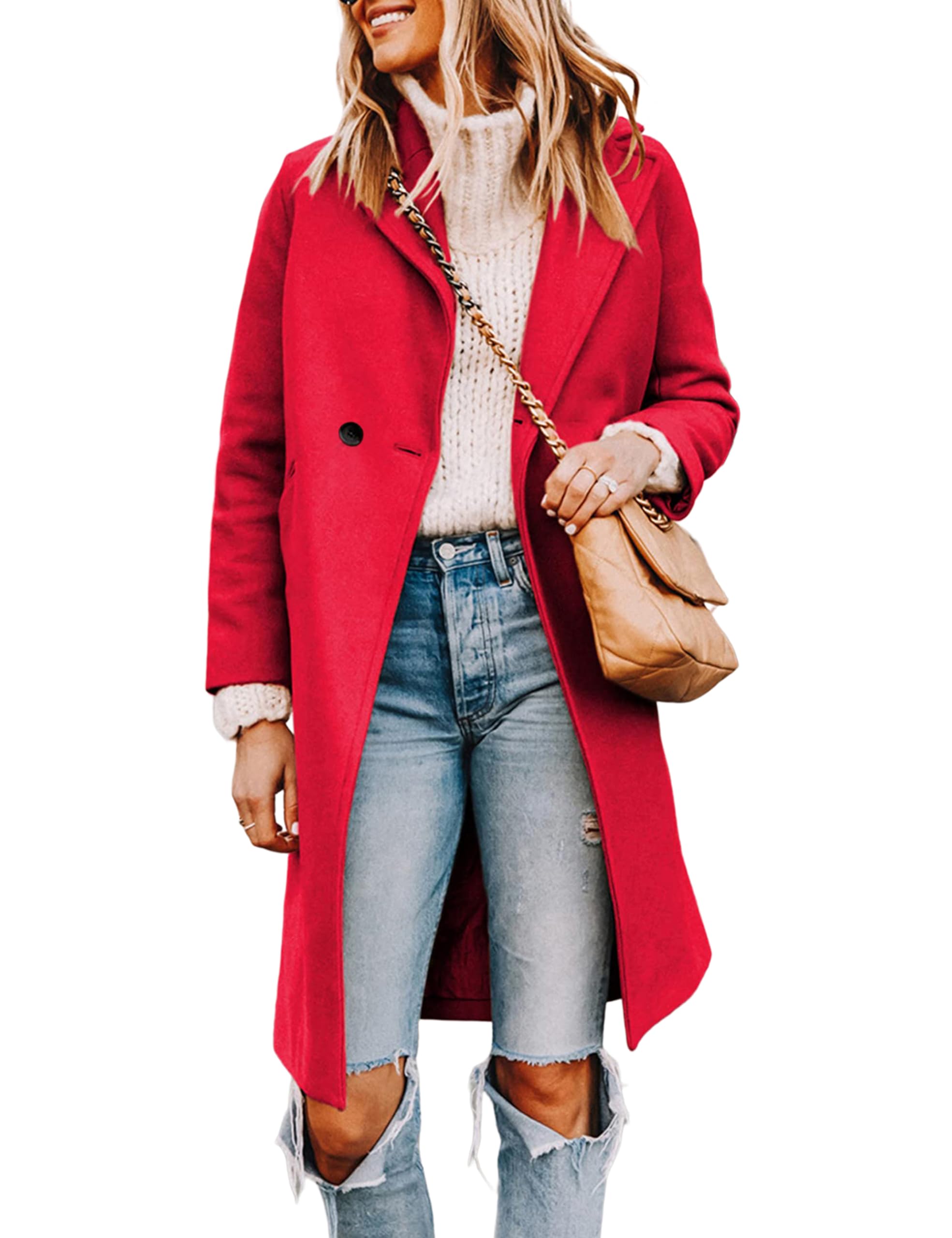 Wool Blend Pea Coat - Double Breasted Mid Length Trench Coat for Women