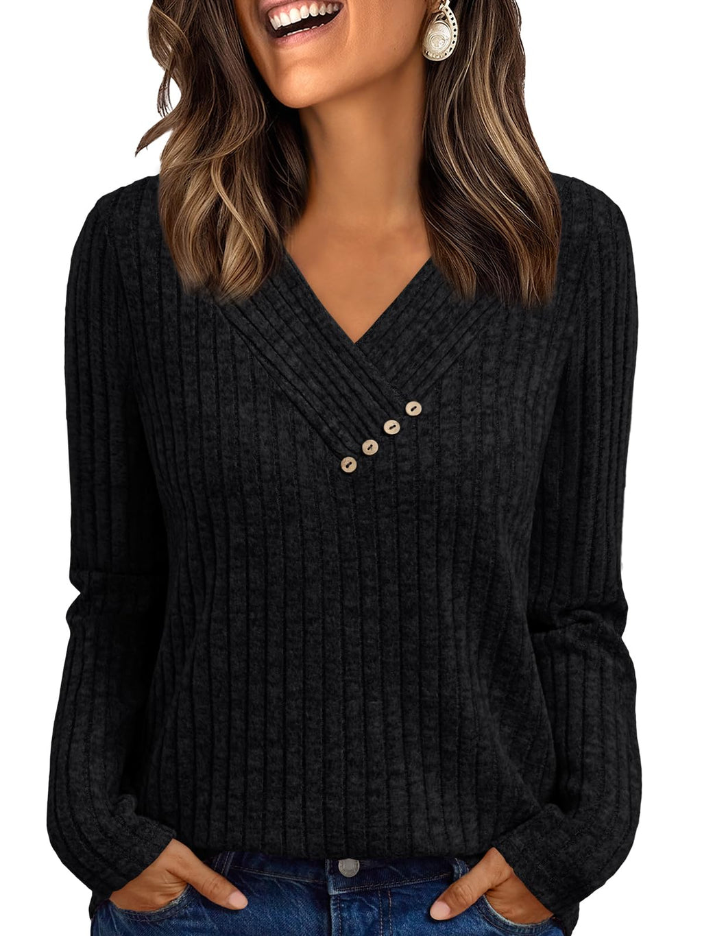 Women's Long Sleeve V Neck Tunic Tops - Dressy Casual Work Blouse Sweater