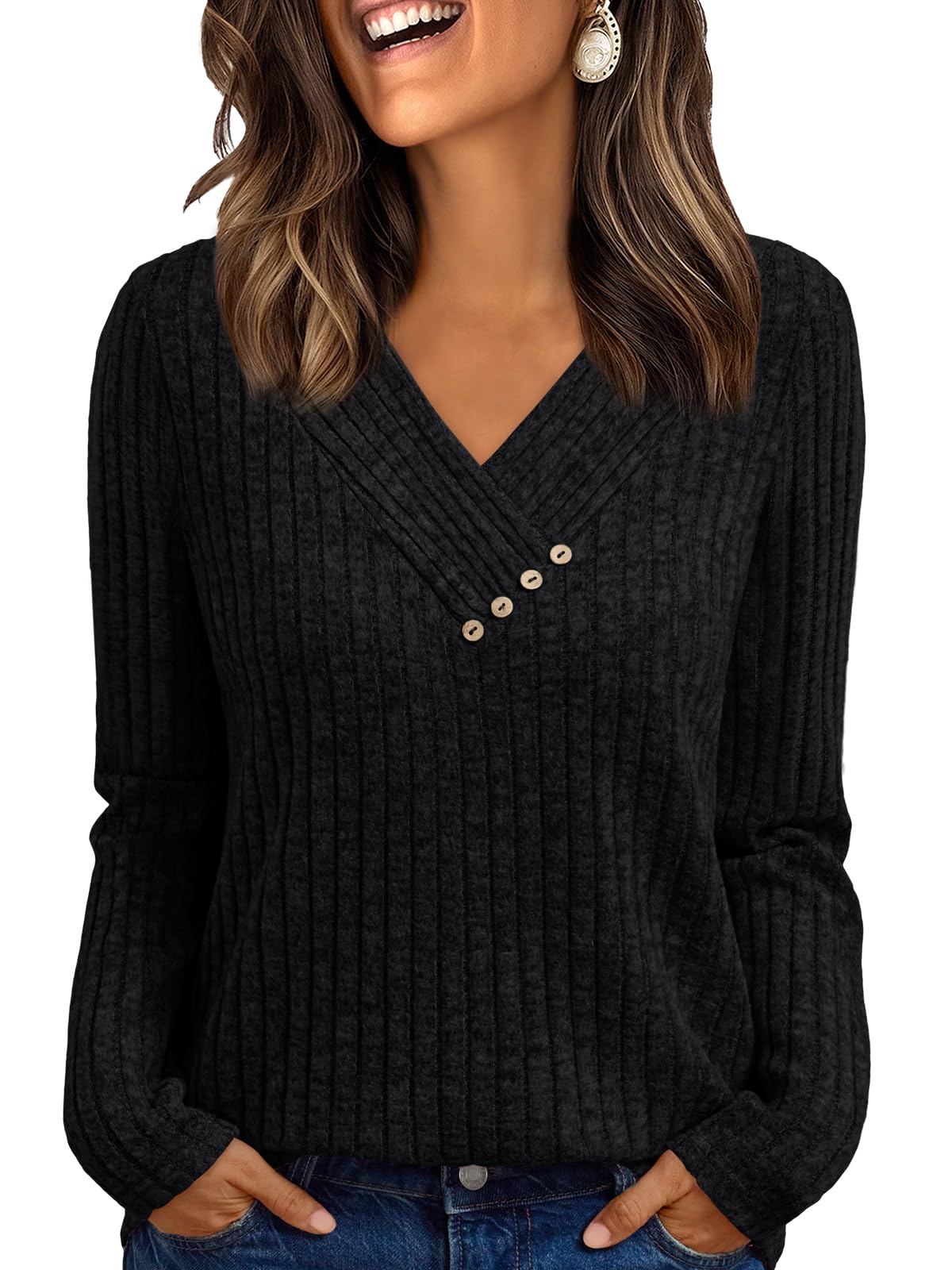Women's Long Sleeve V Neck Tunic Tops - Dressy Casual Work Blouse Sweater