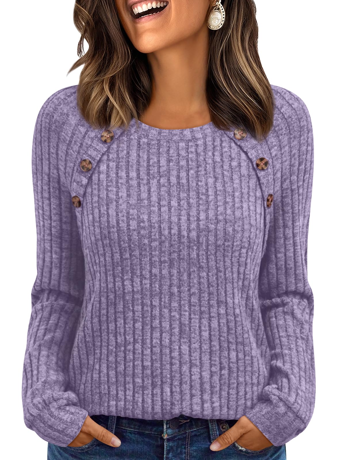 Women's Long Sleeve Tops - Fall Lightweight Sweaters with Shoulder Buttons