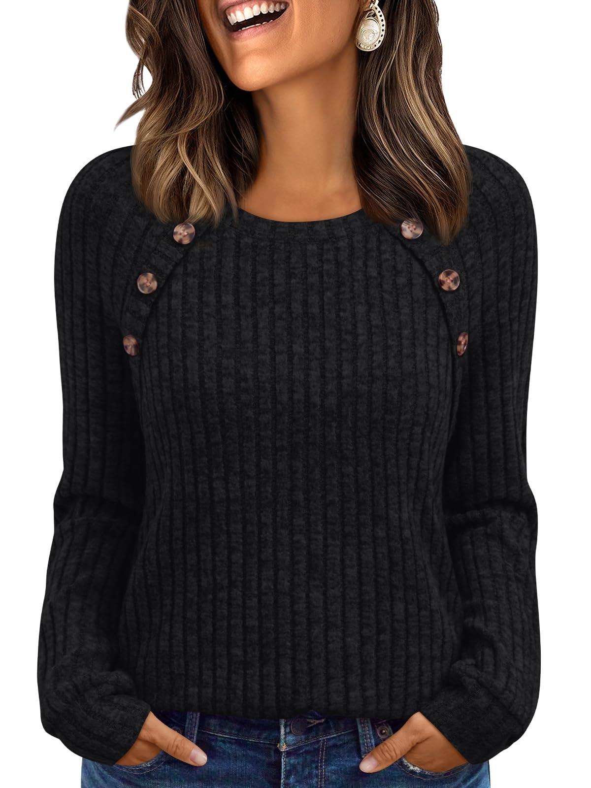 Women's Long Sleeve Tops - Fall Lightweight Sweaters with Shoulder Buttons