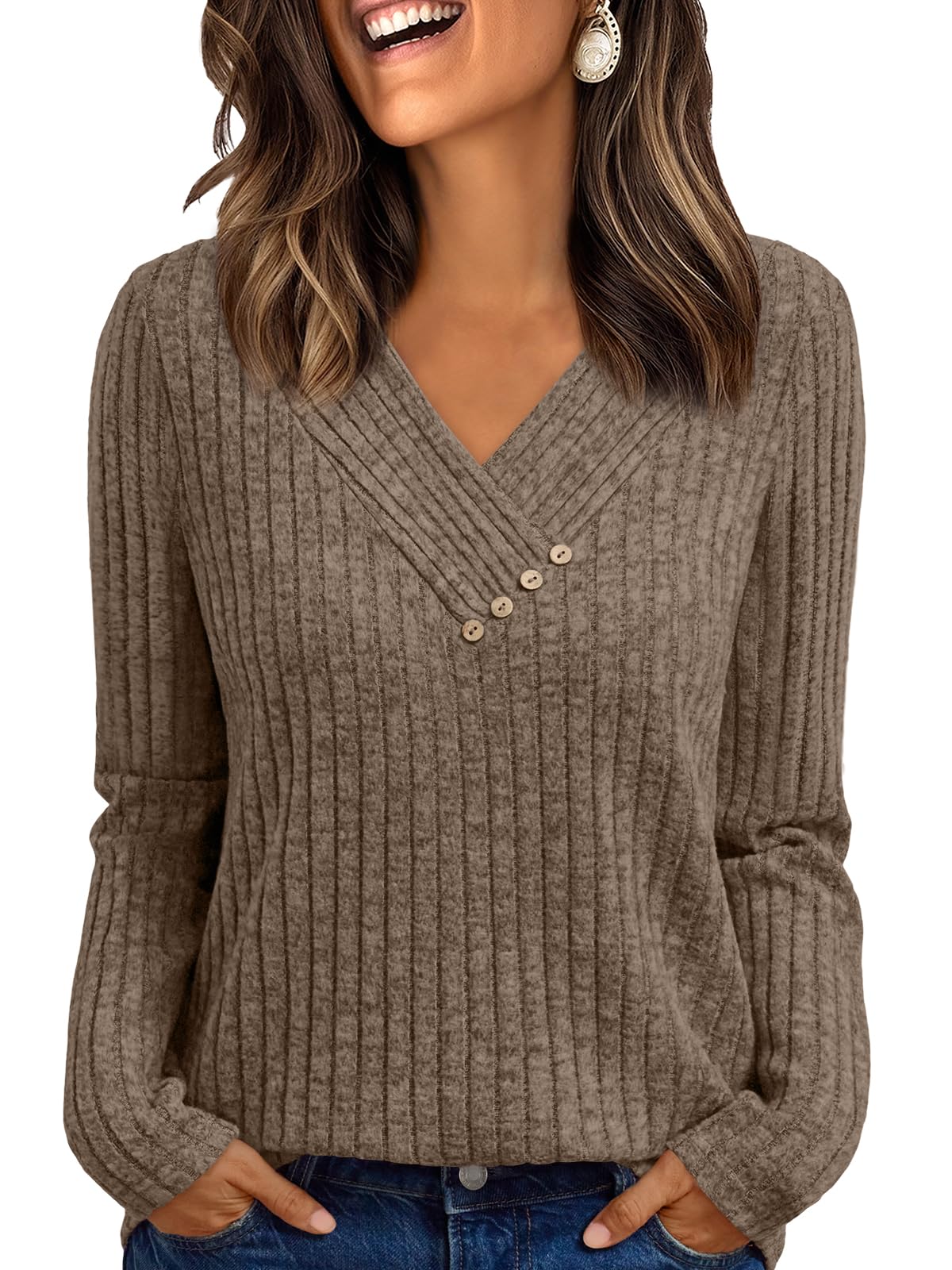 Women's Long Sleeve V Neck Tunic Tops - Dressy Casual Work Blouse Sweater
